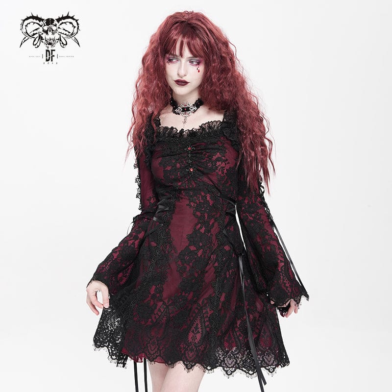 Women's Gothic Floral Embroidered Lace-up Square-cut Collar Lace Dress Graduation Dress Red