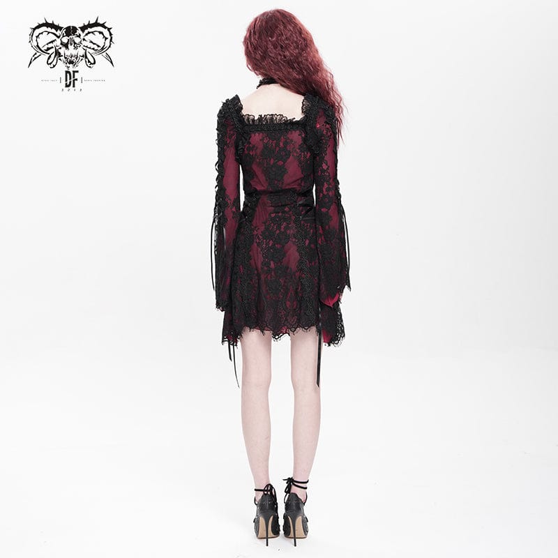 Women's Gothic Floral Embroidered Lace-up Square-cut Collar Lace Dress Graduation Dress Red - Image 5