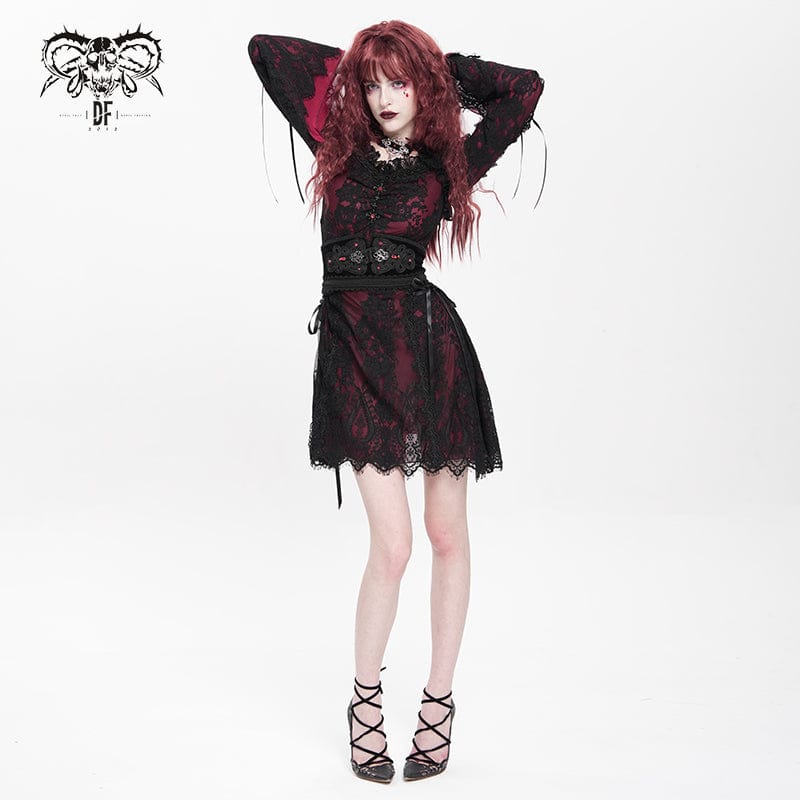 Women's Gothic Floral Embroidered Lace-up Square-cut Collar Lace Dress Graduation Dress Red - Image 6