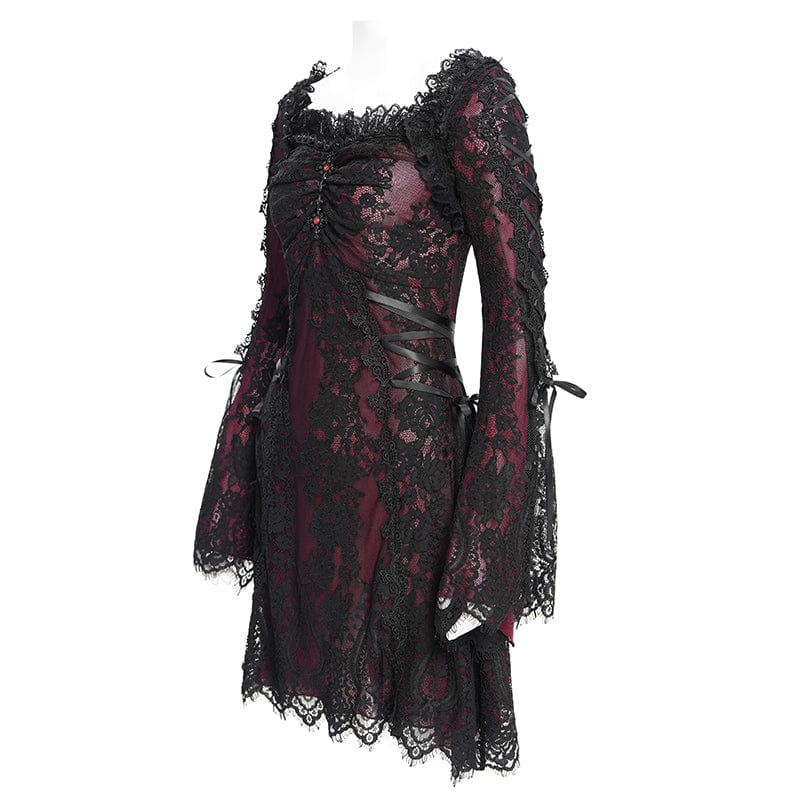 Women's Gothic Floral Embroidered Lace-up Square-cut Collar Lace Dress Graduation Dress Red - Image 8