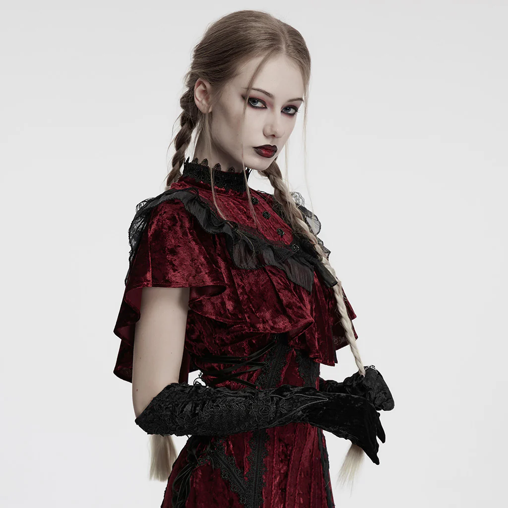 Women's Gothic Floral Embroidered Lace-up Velvet Gloves Black - Image 2
