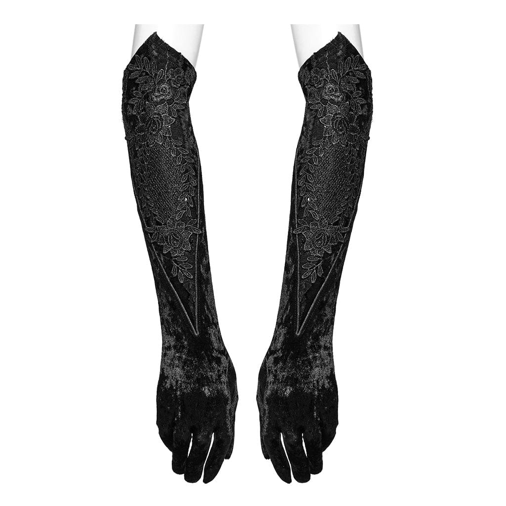 Women's Gothic Floral Embroidered Lace-up Velvet Gloves Black - Image 4