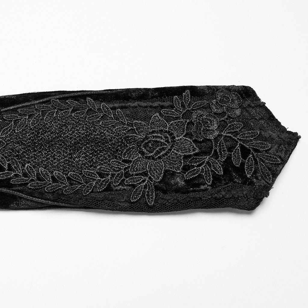 Women's Gothic Floral Embroidered Lace-up Velvet Gloves Black - Image 7