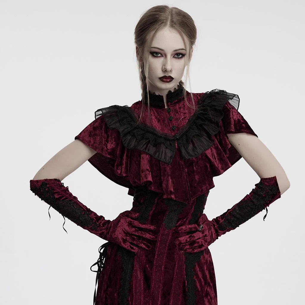 Women's Gothic Floral Embroidered Lace-up Velvet Gloves Red - Image 2