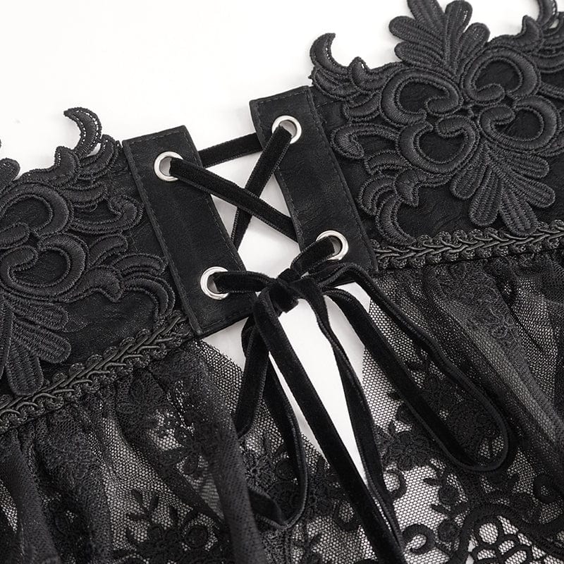 Women's Gothic Floral Embroidered Mesh Splice Faux Leather Underbust Corset - Image 10