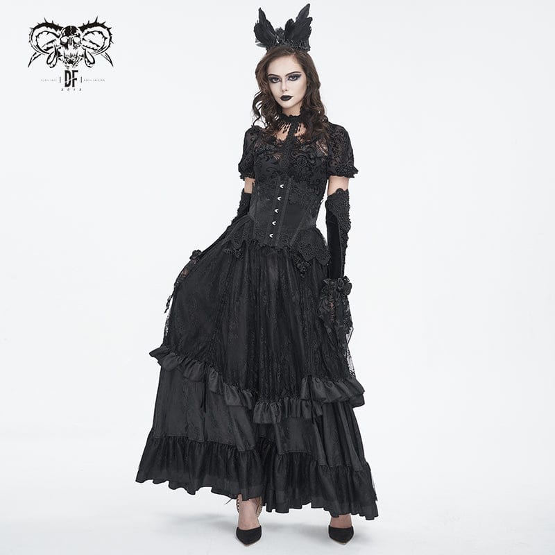 Women's Gothic Floral Embroidered Mesh Splice Faux Leather Underbust Corset - Image 5