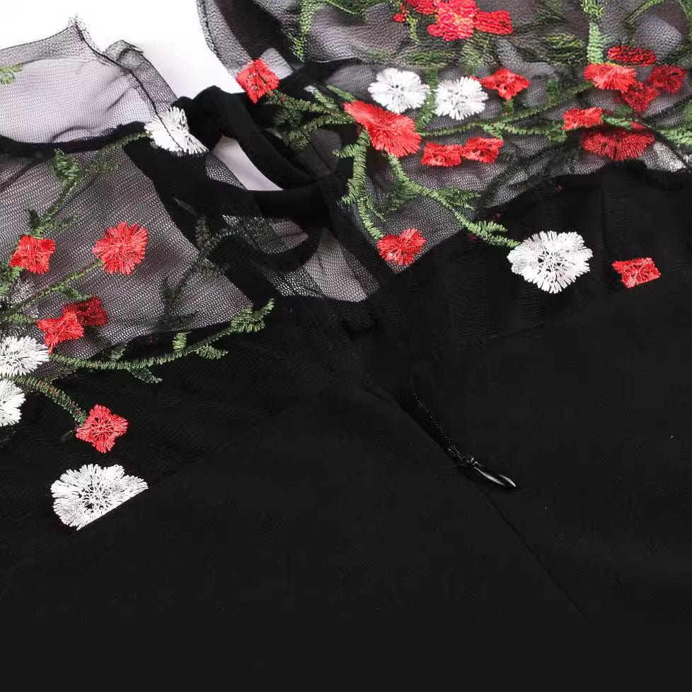Women's Gothic Floral Embroidered Mesh Splice Honeymoon Dress - Image 3