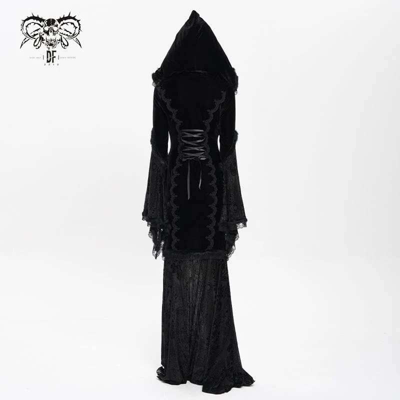 Women's Gothic Floral Embroidered Mesh Splice Lace-up Hooded Dress Wedding Dress Black - Image 4