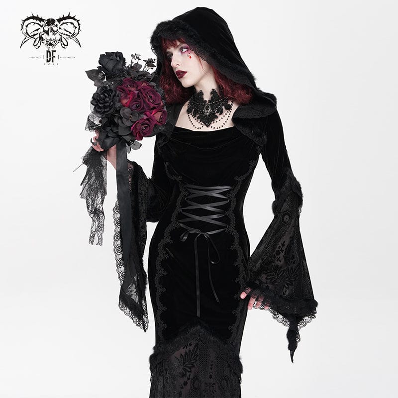 Women's Gothic Floral Embroidered Mesh Splice Lace-up Hooded Dress Wedding Dress Black - Image 5