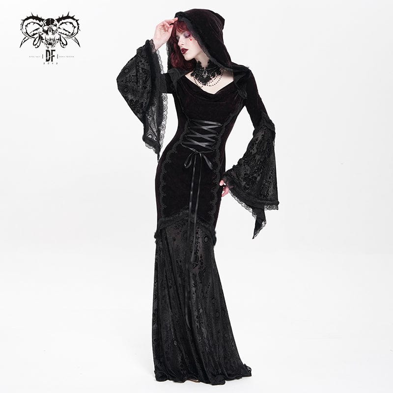 Women's Gothic Floral Embroidered Mesh Splice Lace-up Hooded Dress Wedding Dress Red - Image 2