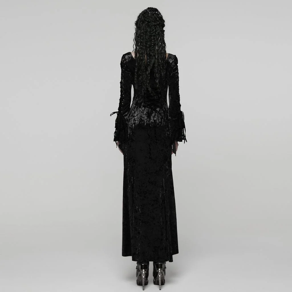 Women's Gothic Floral Embroidered Mesh Splice Party Dress Black - Image 3