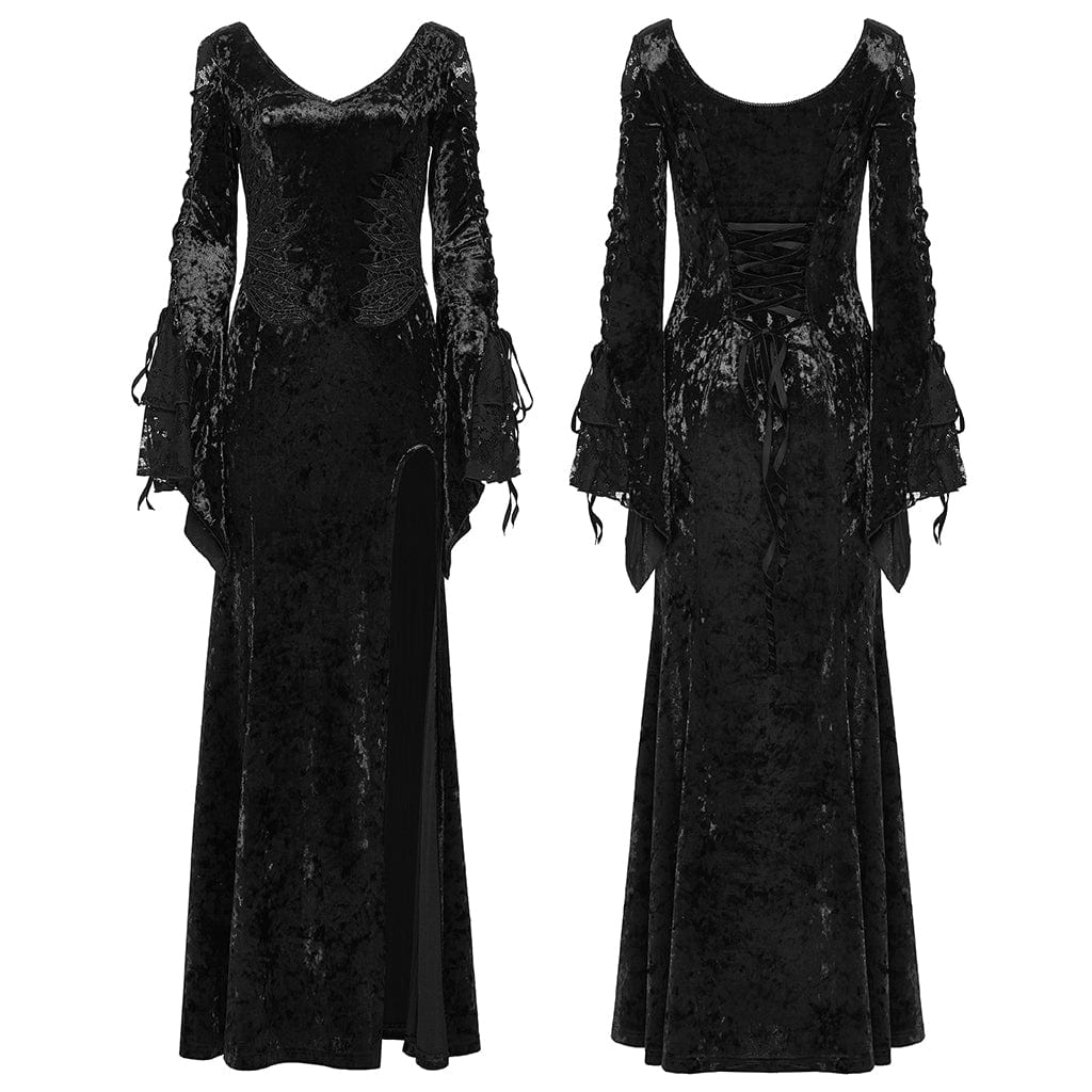 Women's Gothic Floral Embroidered Mesh Splice Party Dress Black - Image 4