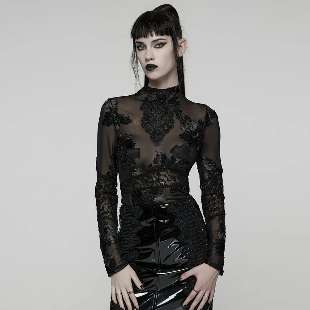 Women's Gothic Floral Embroidered Mesh Top
