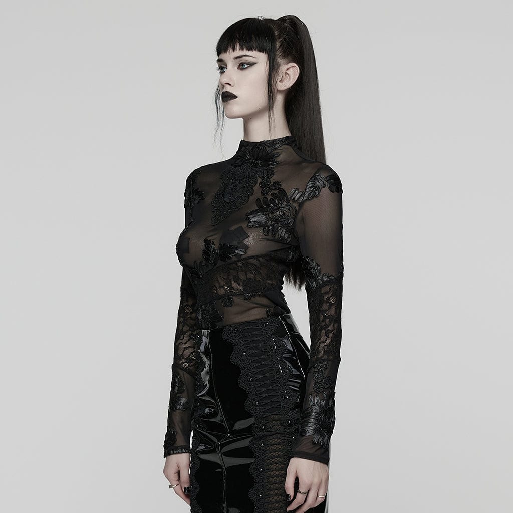 Women's Gothic Floral Embroidered Mesh Top - Image 2