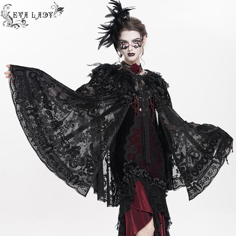 Women's Gothic Floral Embroidered Plumed Cloak - Image 3