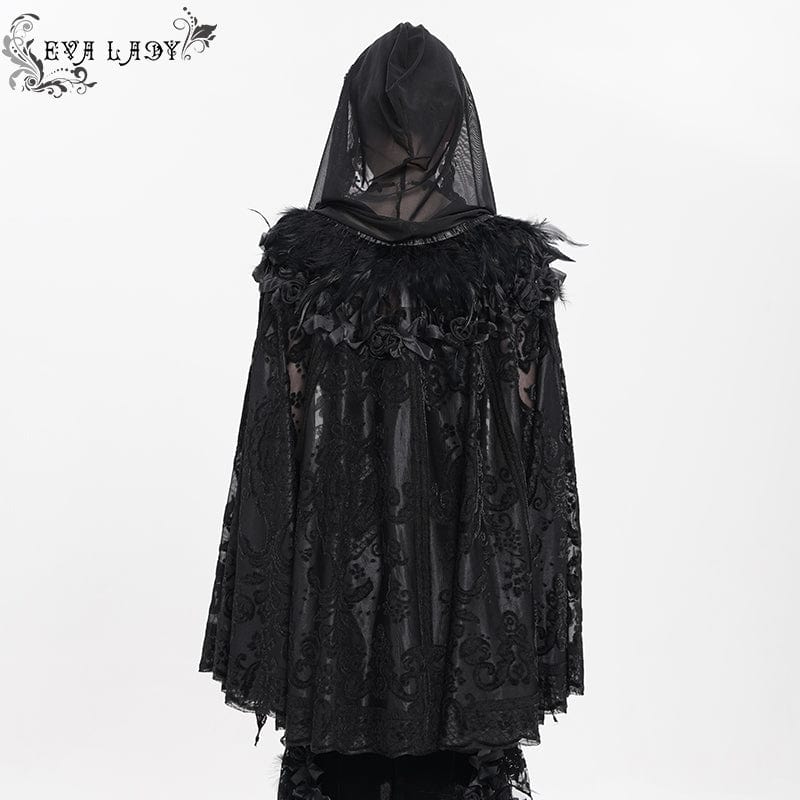 Women's Gothic Floral Embroidered Plumed Cloak - Image 5