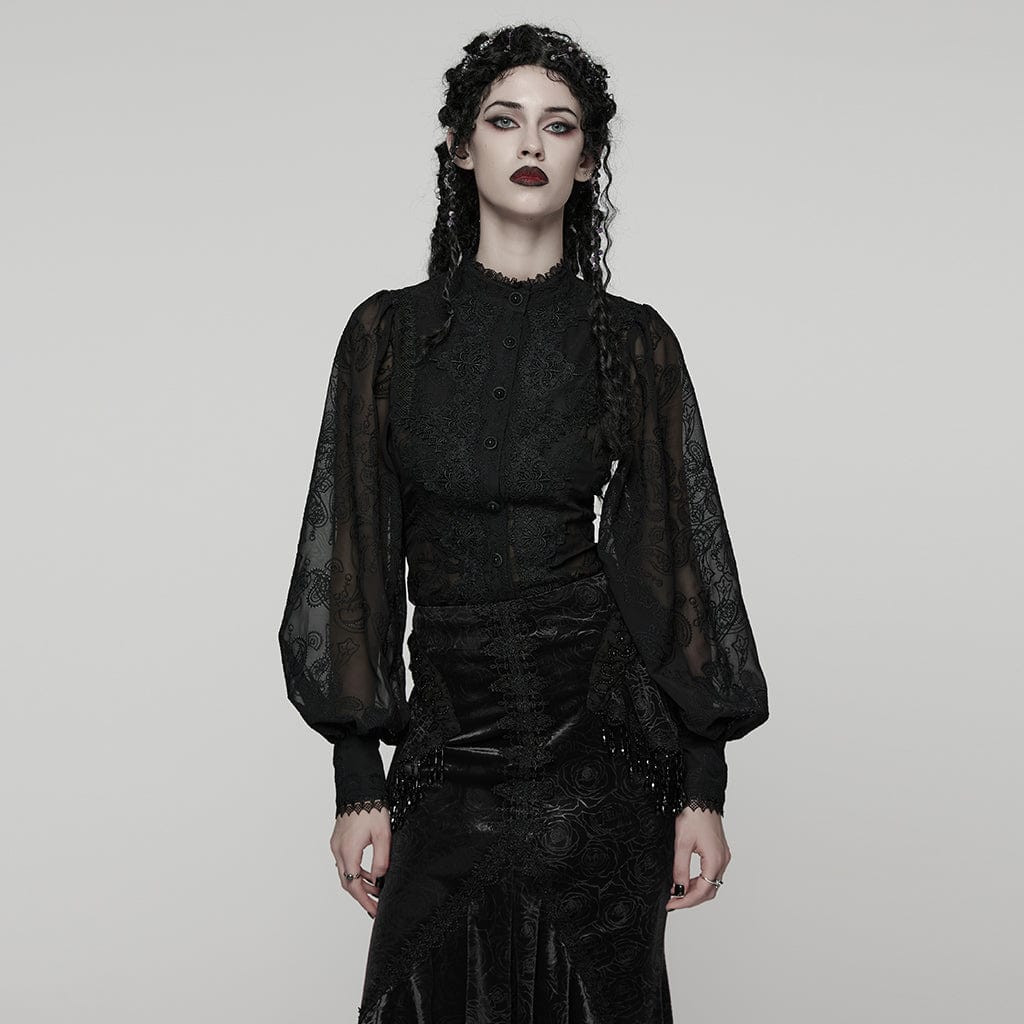 Women's Gothic Floral Embroidered Puff Sleeved Shirt