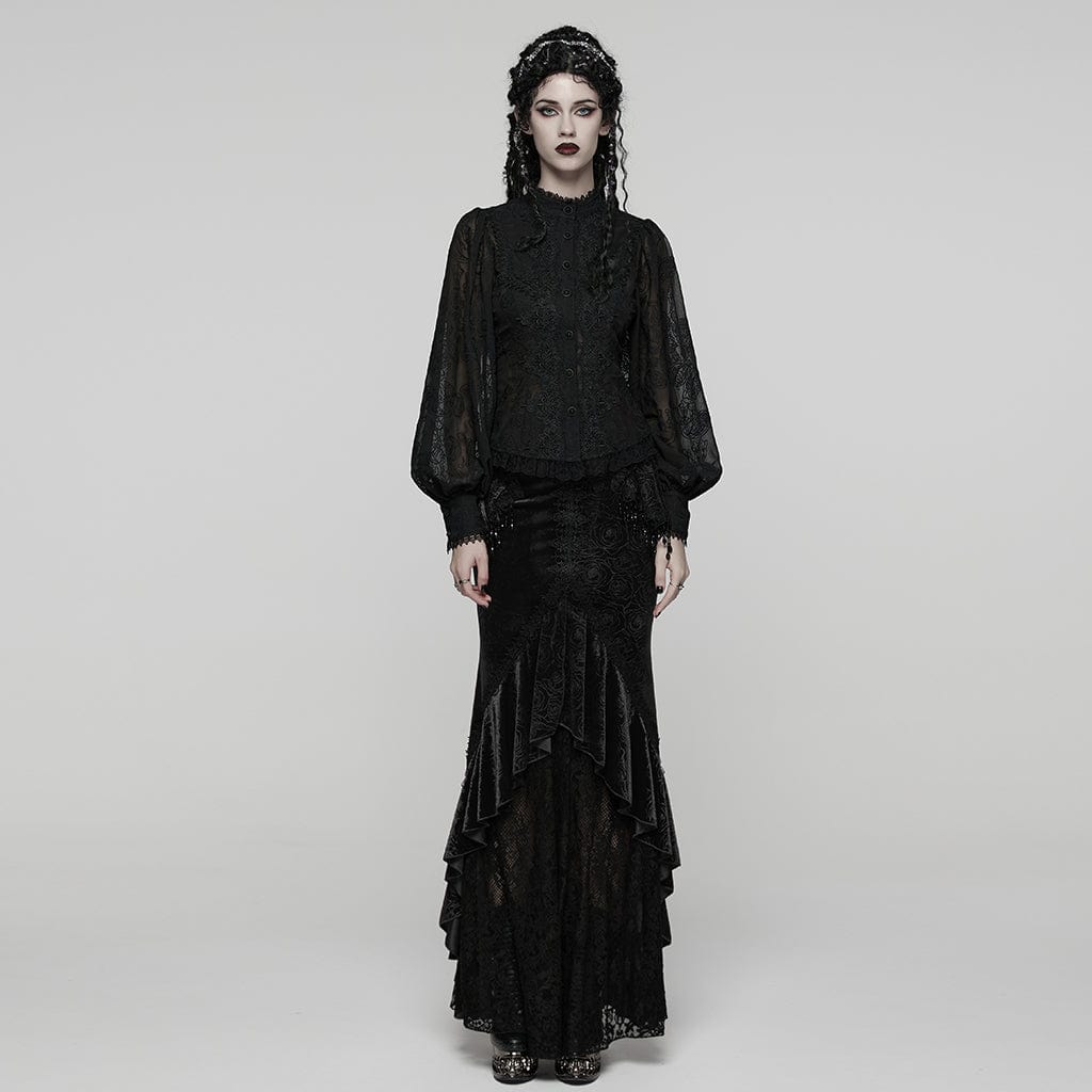 Women's Gothic Floral Embroidered Puff Sleeved Shirt - Image 4