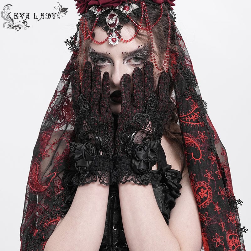 Women's Gothic Floral Embroidered Rose Lace Gloves Red