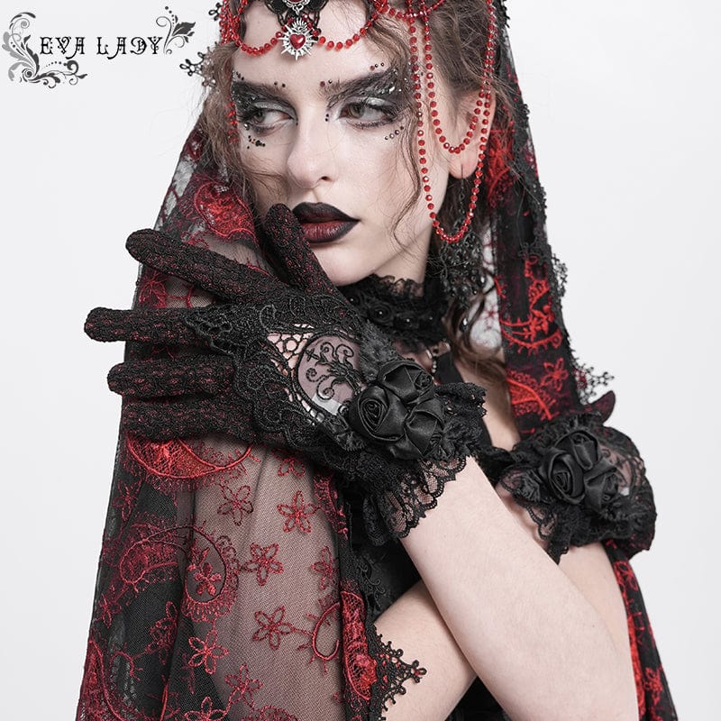 Women's Gothic Floral Embroidered Rose Lace Gloves Red - Image 3