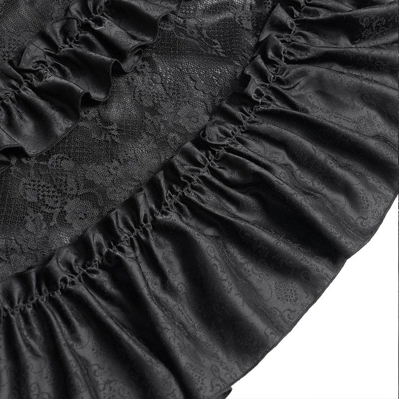 Women's Gothic Floral Embroidered Ruched Lace-up Long Sleeved Dress Wedding Dress Black - Image 12