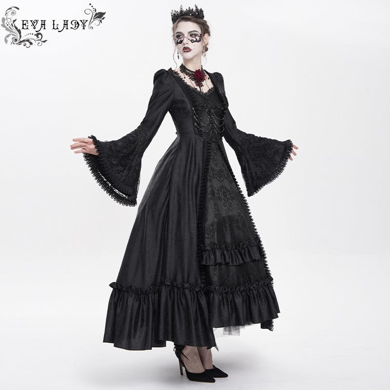 Women's Gothic Floral Embroidered Ruched Lace-up Long Sleeved Dress Wedding Dress Black - Image 3