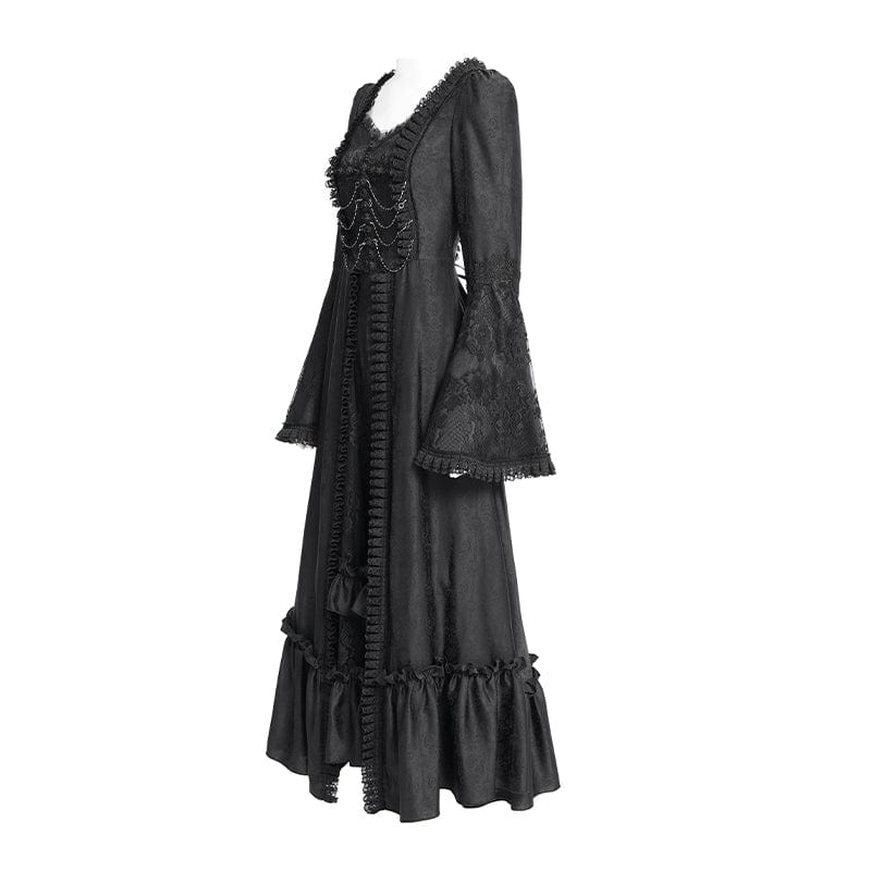 Women's Gothic Floral Embroidered Ruched Lace-up Long Sleeved Dress Wedding Dress Black - Image 8