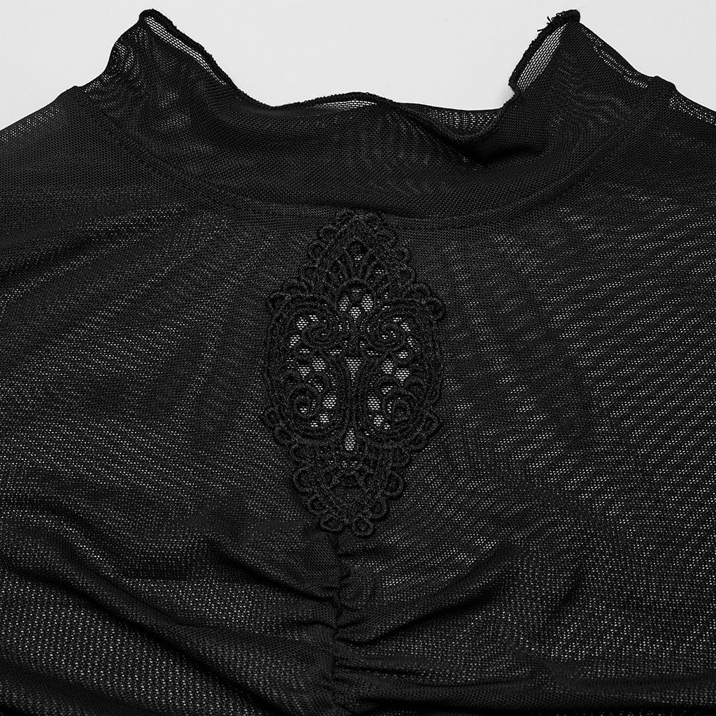 Women's Gothic Floral Embroidered Ruched Mesh Shirt - Image 6