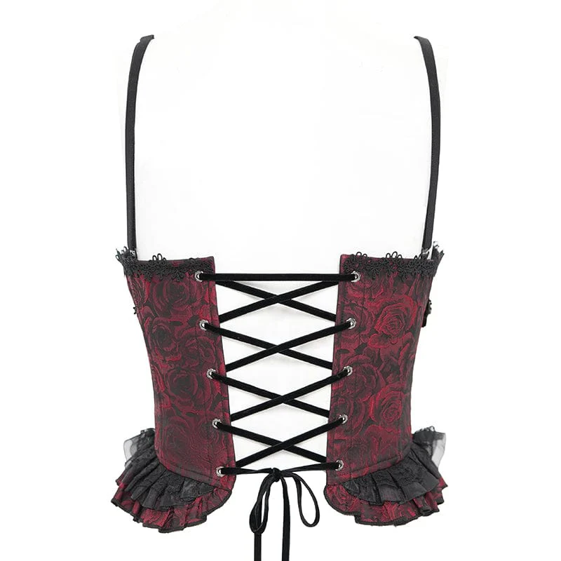 Women's Gothic Floral Embroidered Ruffled Lace-up Tank Top Red - Image 10
