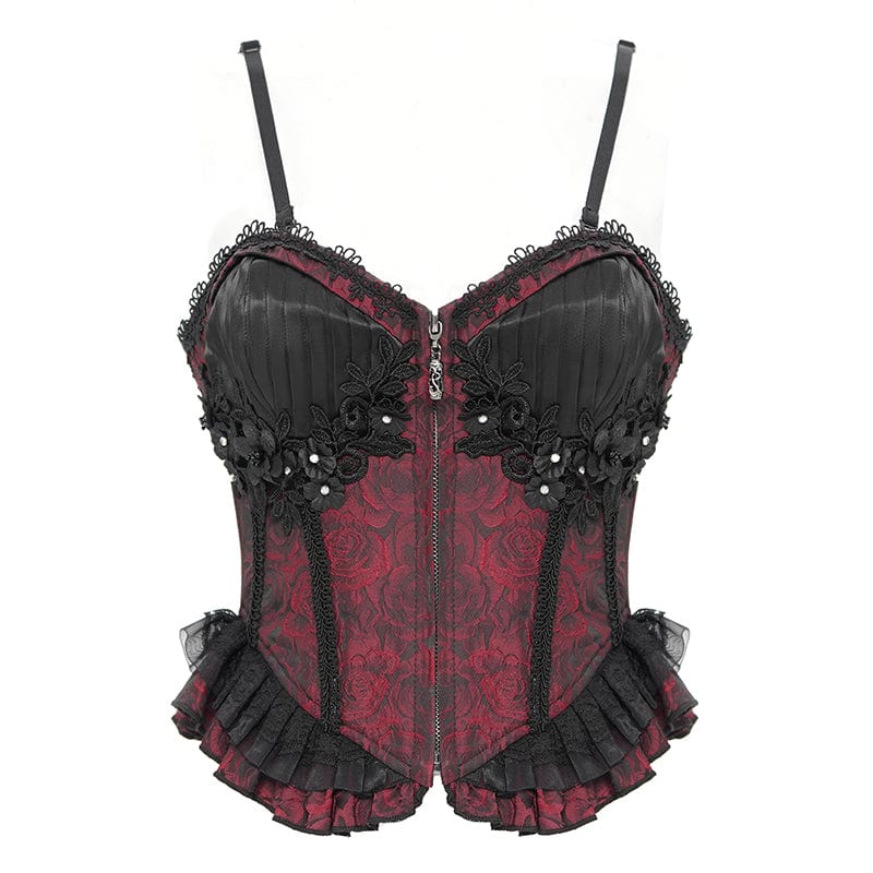Women's Gothic Floral Embroidered Ruffled Lace-up Tank Top Red - Image 8
