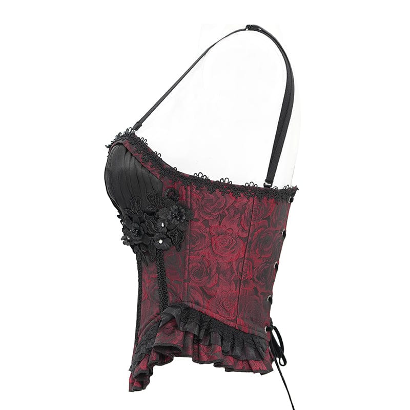 Women's Gothic Floral Embroidered Ruffled Lace-up Tank Top Red - Image 9