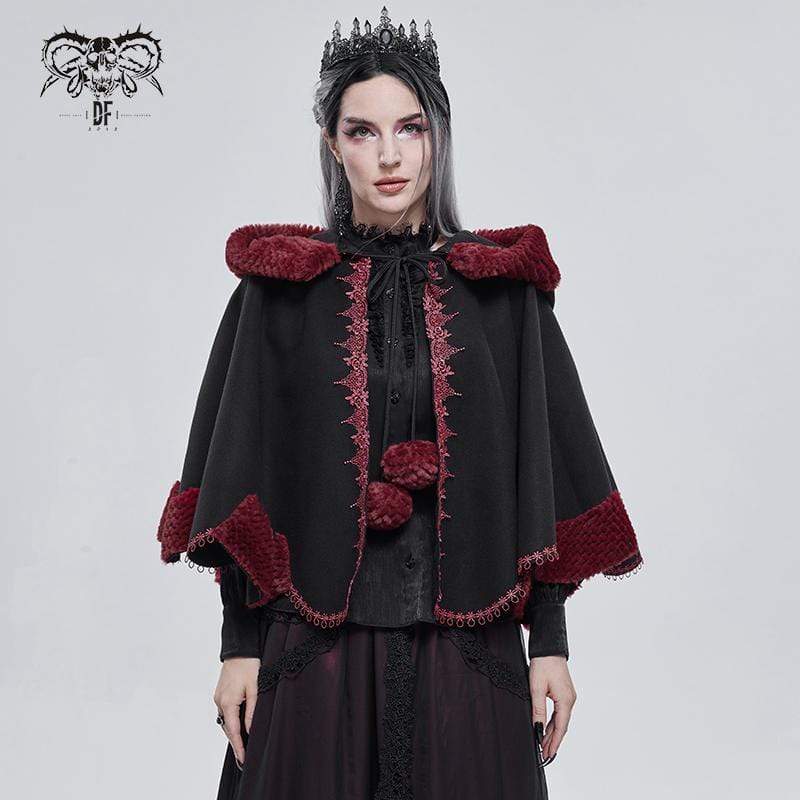 Women's Gothic Floral Embroidered Splice Cape with Hood Black - Image 2