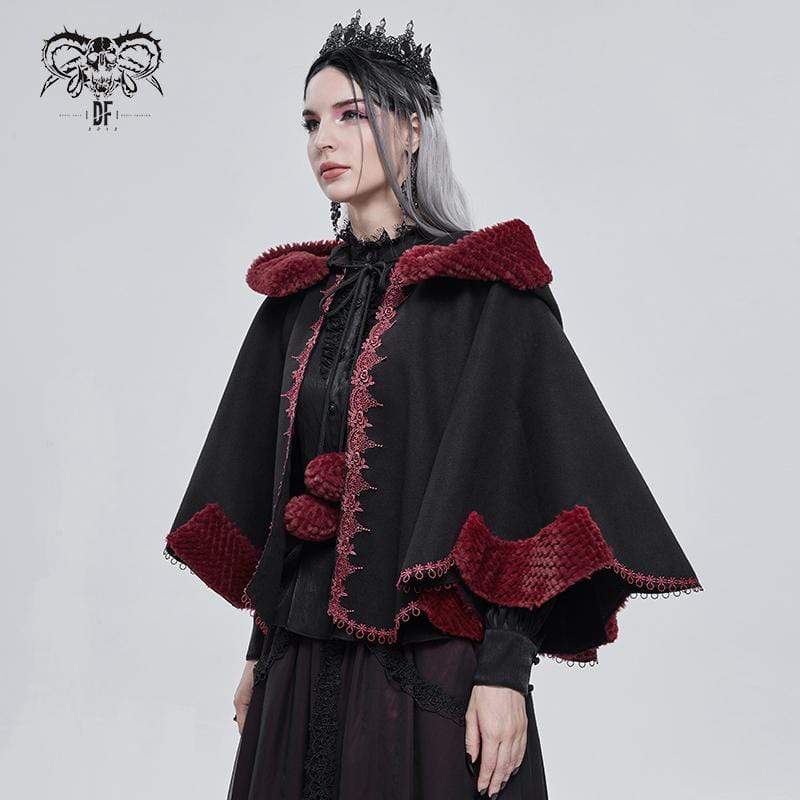 Women's Gothic Floral Embroidered Splice Cape with Hood Black - Image 4