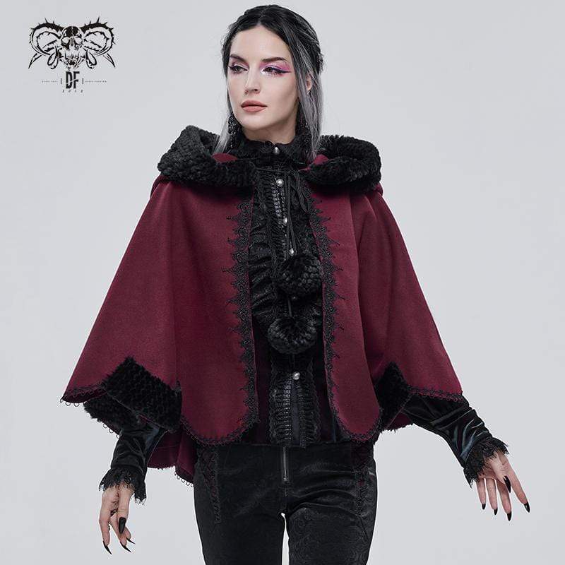 Women's Gothic Floral Embroidered Splice Cape with Hood Red - Image 2