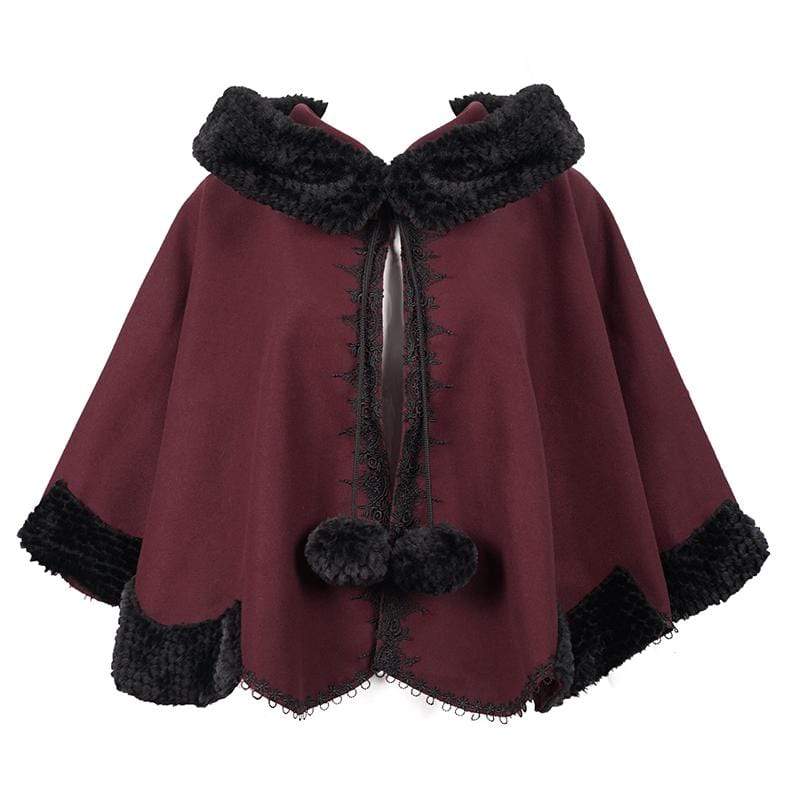 Women's Gothic Floral Embroidered Splice Cape with Hood Red - Image 6