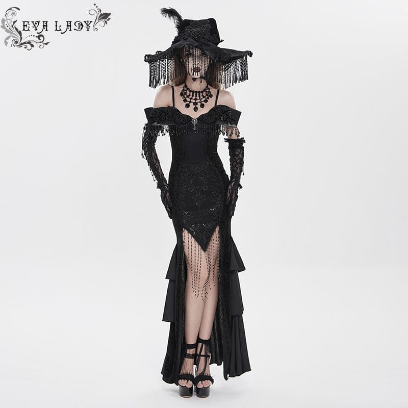 Women's Gothic Floral Embroidered Tassels Off-shoulder Slip Dress Wedding Dress Black