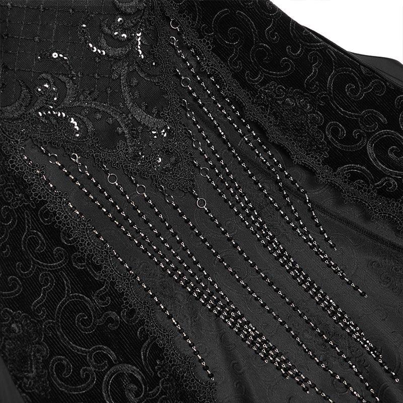 Women's Gothic Floral Embroidered Tassels Off-shoulder Slip Dress Wedding Dress Black - Image 10
