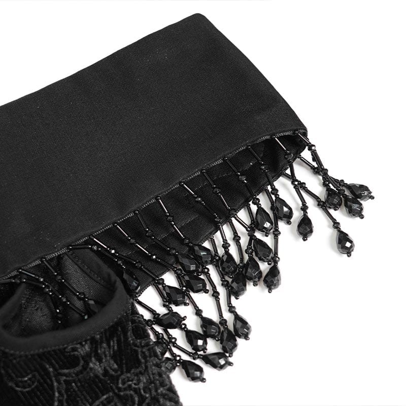 Women's Gothic Floral Embroidered Tassels Off-shoulder Slip Dress Wedding Dress Black - Image 11