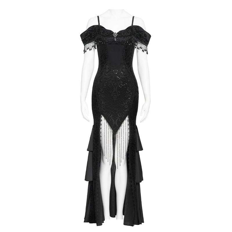 Women's Gothic Floral Embroidered Tassels Off-shoulder Slip Dress Wedding Dress Black - Image 6