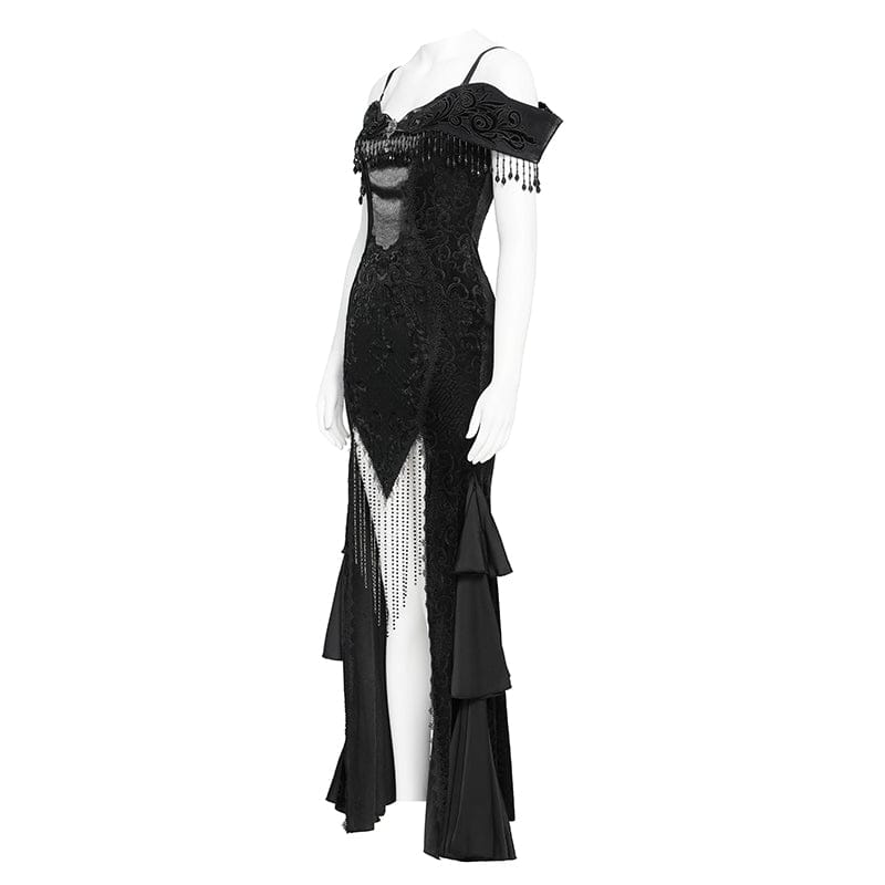 Women's Gothic Floral Embroidered Tassels Off-shoulder Slip Dress Wedding Dress Black - Image 7