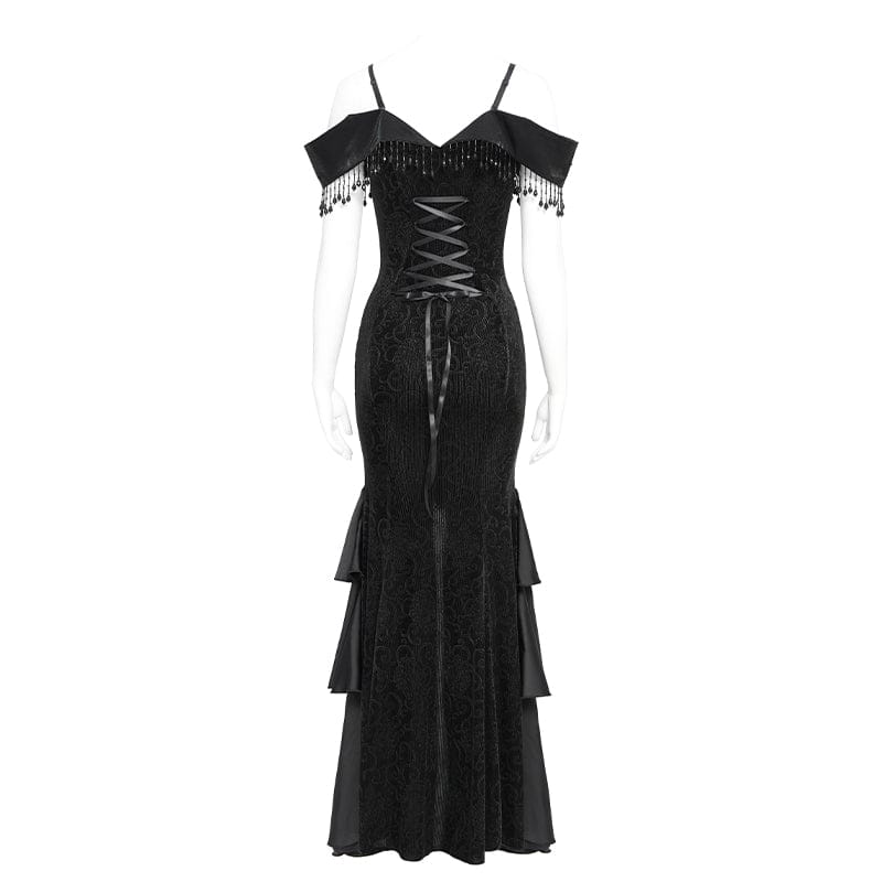 Women's Gothic Floral Embroidered Tassels Off-shoulder Slip Dress Wedding Dress Black - Image 8