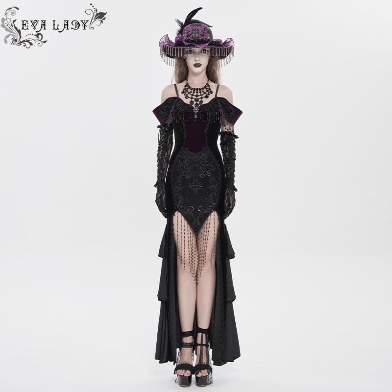 Women's Gothic Floral Embroidered Tassels Off-shoulder Slip Dress Wedding Dress Black-Purple