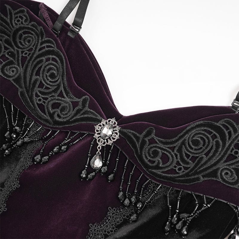 Women's Gothic Floral Embroidered Tassels Off-shoulder Slip Dress Wedding Dress Black-Purple - Image 10