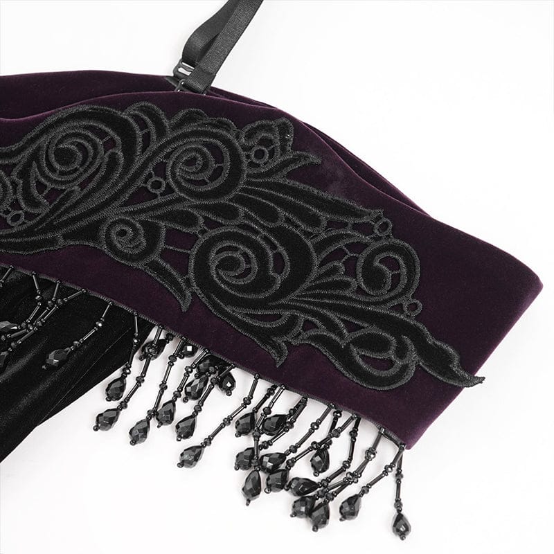 Women's Gothic Floral Embroidered Tassels Off-shoulder Slip Dress Wedding Dress Black-Purple - Image 12