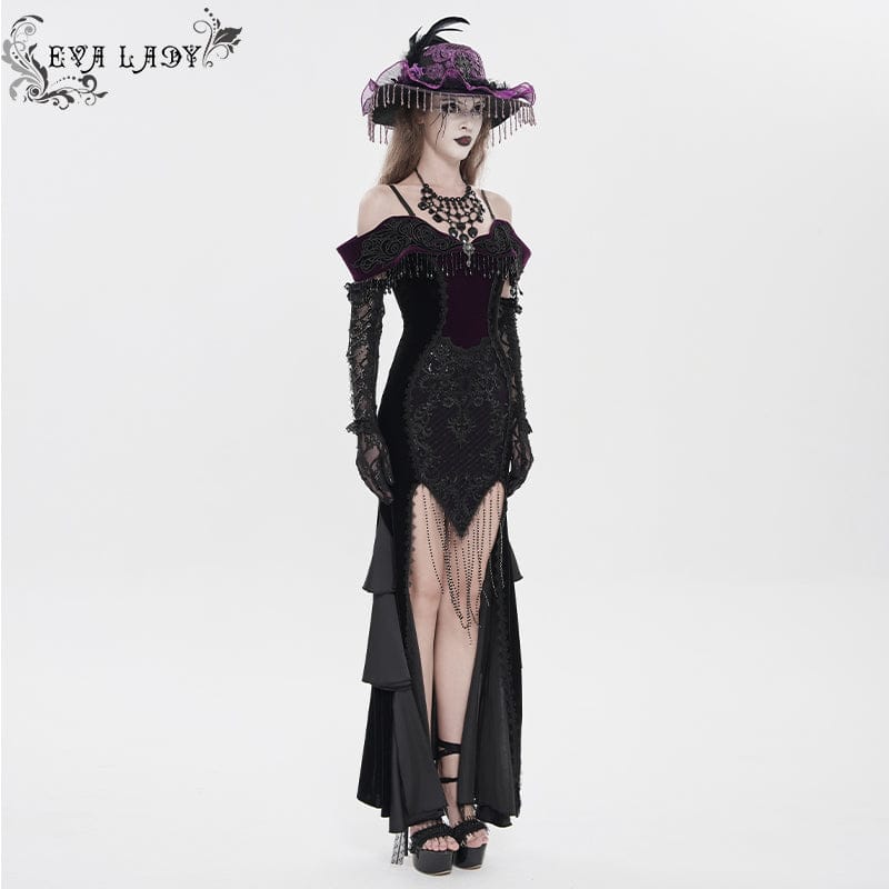 Women's Gothic Floral Embroidered Tassels Off-shoulder Slip Dress Wedding Dress Black-Purple - Image 4