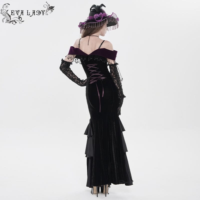 Women's Gothic Floral Embroidered Tassels Off-shoulder Slip Dress Wedding Dress Black-Purple - Image 6