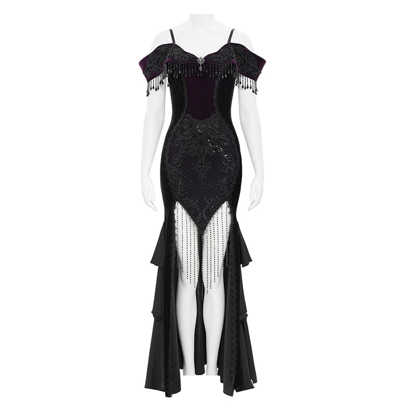 Women's Gothic Floral Embroidered Tassels Off-shoulder Slip Dress Wedding Dress Black-Purple - Image 7