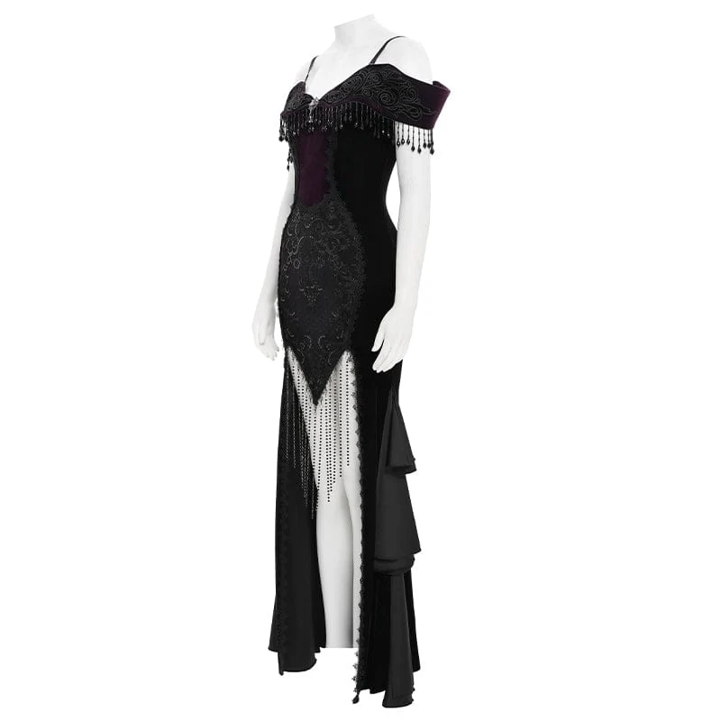 Women's Gothic Floral Embroidered Tassels Off-shoulder Slip Dress Wedding Dress Black-Purple - Image 8