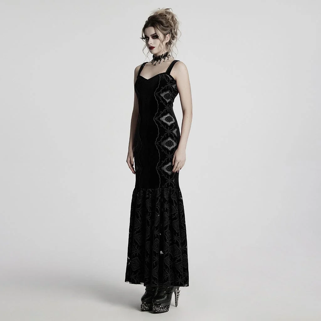 Women's Gothic Floral Embroidered Velvet Fishtail Slip Dress Wedding Dress Black - Image 2