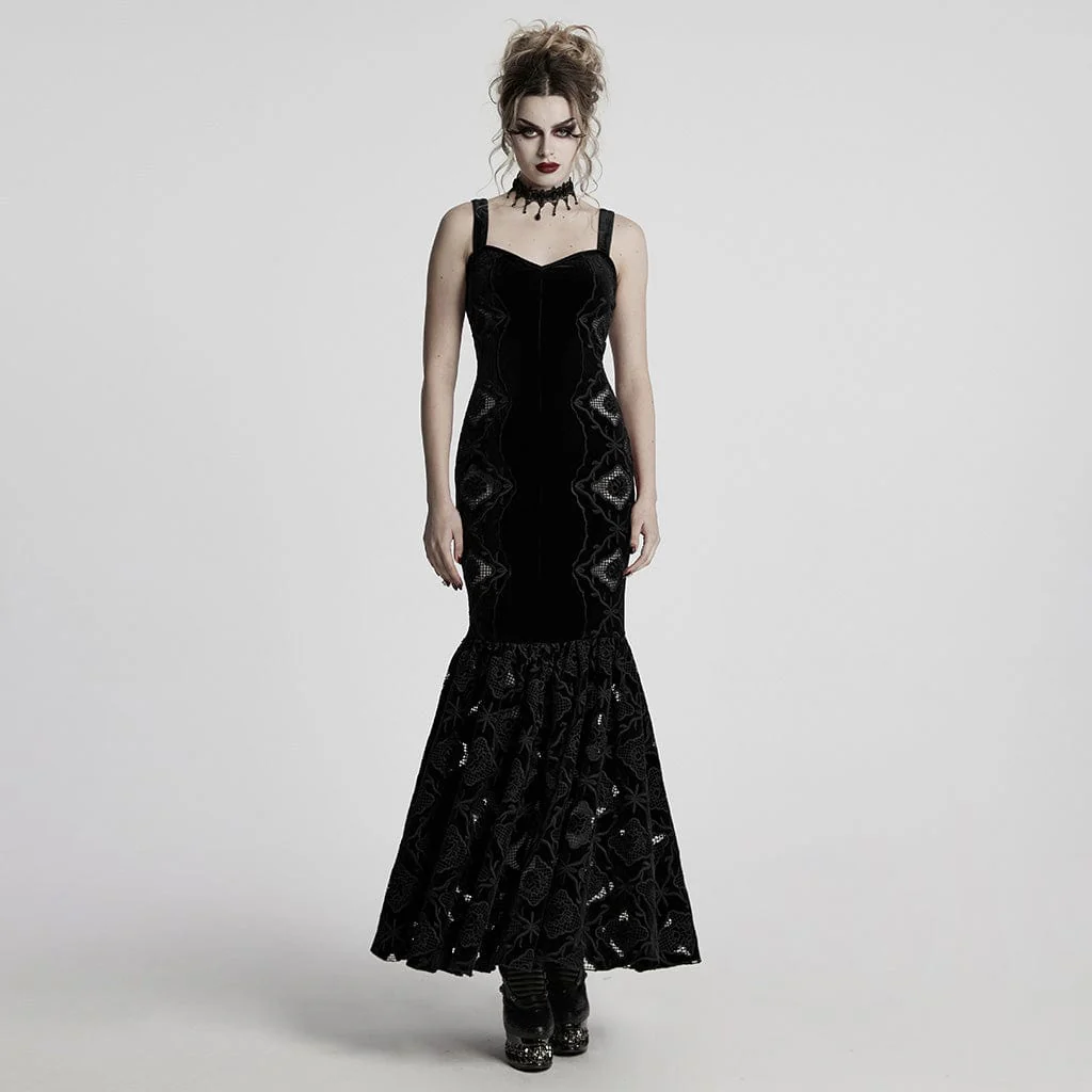 Women's Gothic Floral Embroidered Velvet Fishtail Slip Dress Wedding Dress Black - Image 4